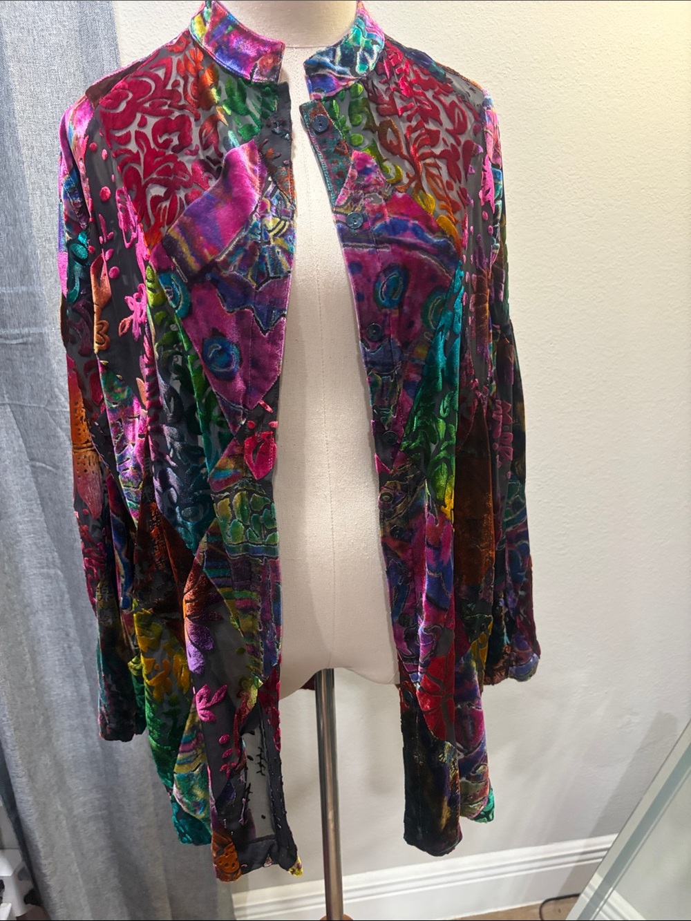 Chico's Velvet Multi-Color Patchwork Open Cardigan